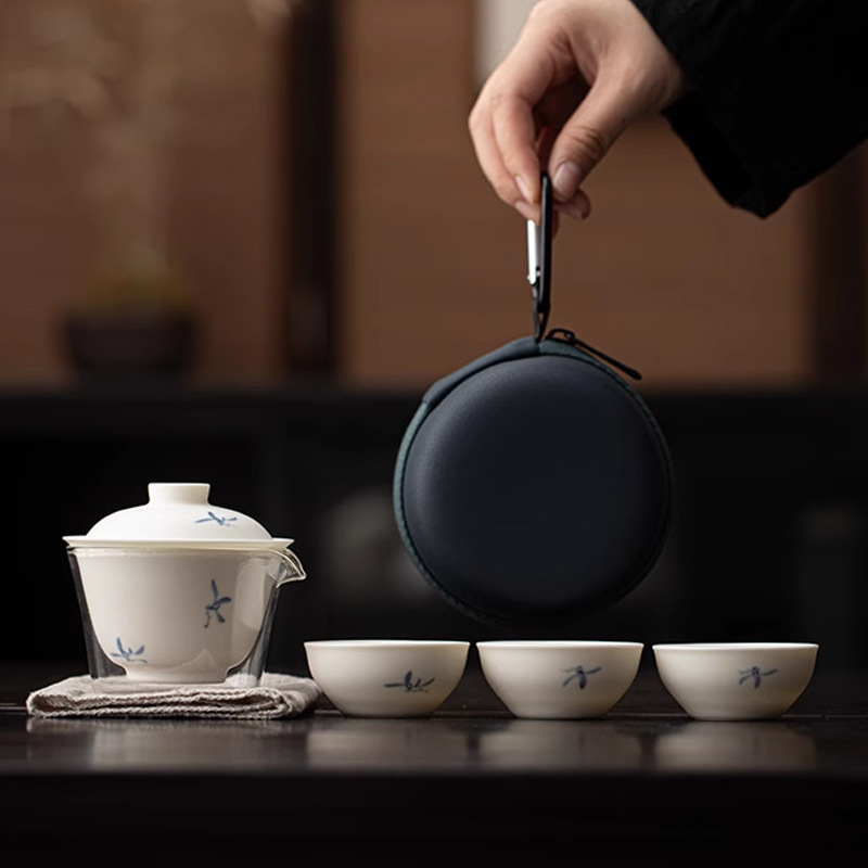 Vẽ tay phong lan nắp chén trà bộ trà du lịch bộ nhỏ pha trà ngoài trời di động gốm sứ nhanh ly quà lưu niệm