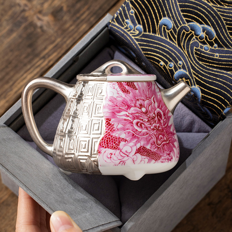 Bộ ấm trà hình rồng đỏ mạ bạc carmine, bộ ấm trà, quà tặng sinh nhật cho cha mẹ, người lớn tuổi và người lớn tuổi