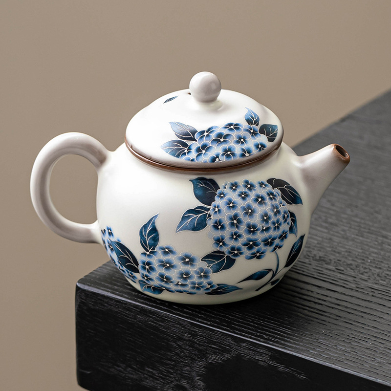 Ấm trà tinh tế cao cấp Ru Kiln ấm cầm tay hoa cẩm tú cầu Ruqing đông lạnh mỡ lợn ấm pha trà gia dụng một ấm hai chén quà tặng