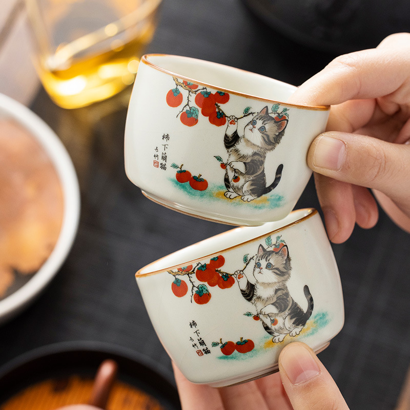 Gốm Ru Lò Quả Hồng Mèo Dễ Thương Chủ Cốc Cá Nhân Cao Cấp Trà Trà Kung Fu Bộ Trà