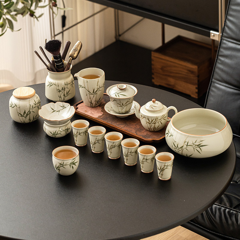 Bộ ấm trà bằng tre xanh ngọc bích vẽ tay bộ ấm trà Kung Fu gốm sứ cao cấp sang trọng nhẹ gia dụng