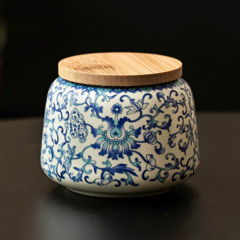 Bình đựng trà gốm sứ, bình đựng trà hoa sen xanh trắng ở lò cảm giác cao cấp, bình kín chống ẩm, bình đựng trà kiểu Trung Quốc