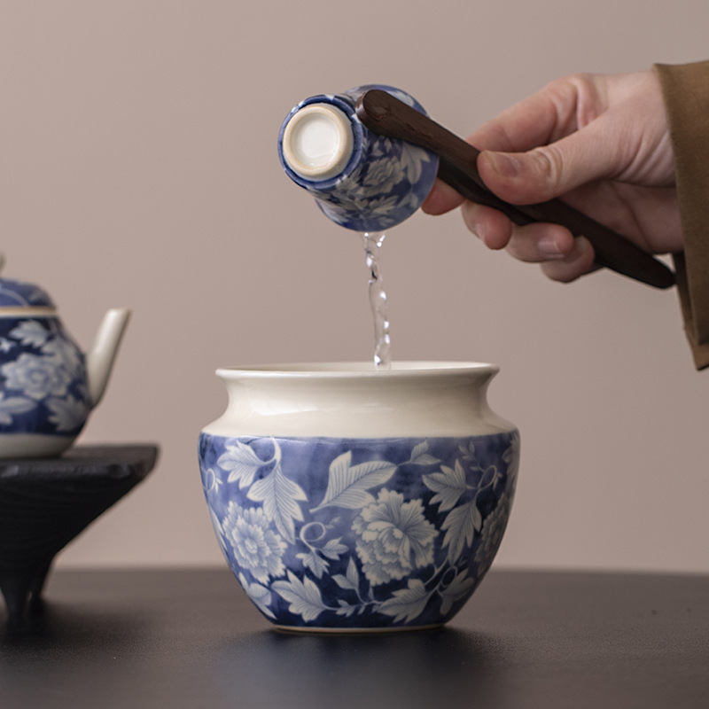 Soda tráng men retro màu xanh và trắng xây dựng chai bã trà nước gốm sứ bộ trà kungfu chai nước thải rửa bút rửa trà đạo không khớp