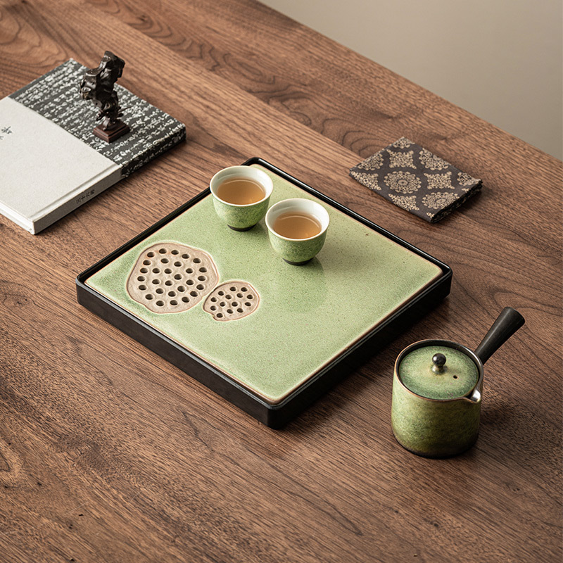 Khay trà cổ điển lò nung khay tròn gia dụng dụng dụng cụ trà Kung Fu kiểu Trung Quốc khay đựng nước khay pha khô gốm sứ bàn trà loại nhỏ