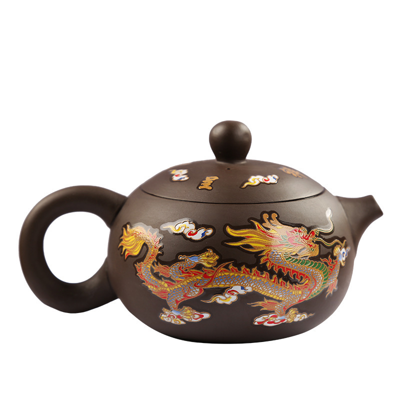 Ấm đất sét tím thô ấm Xi Shi ấm nước nóng đổi màu rồng và phượng hoàng chim nước gọi là ấm trà Fengming ấm trà bộ trà thủ công