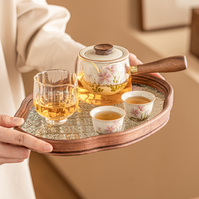 Bộ ấm trà tay cầm bên hoa cúc nhỏ vẽ tay Bộ trà khay pha trà Kung Fu gia dụng Bộ trà du lịch ngoài trời di động