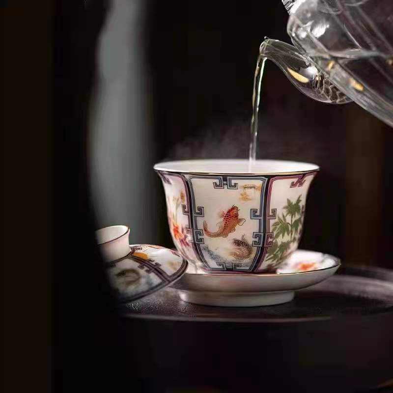 Sứ trắng mỡ cừu ngọc tam tài bát thu tài hoa bộ trà Kung Fu mẫu mới hộp quà lưu niệm