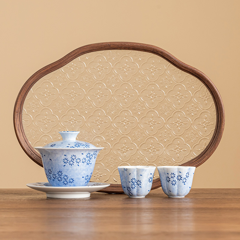 Chén trà ba tài bằng gốm sứ bộ trà kungfu hoa cúc xanh vẽ tay bộ trà phong cách Trung Quốc mới một bát hai chén bát trà