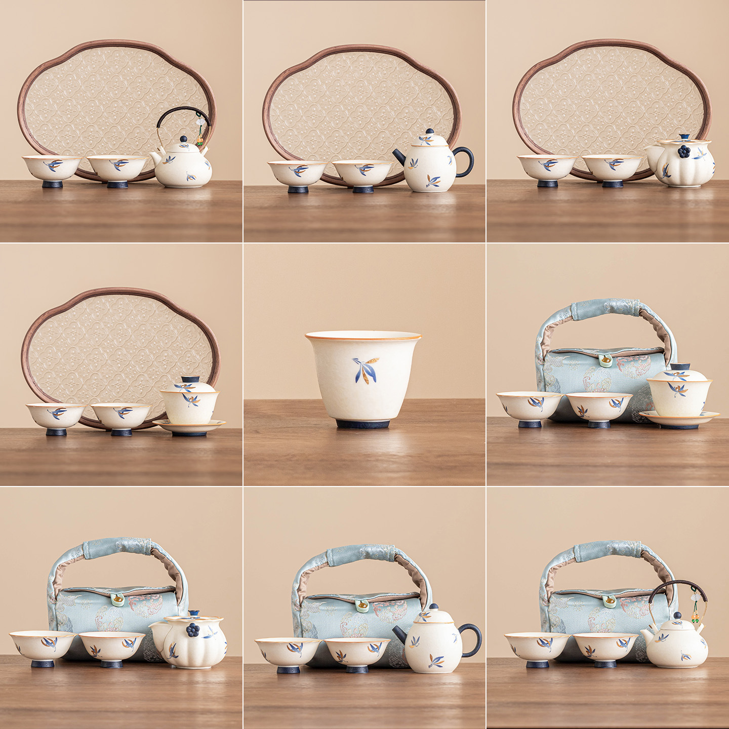 Dụng cụ pha trà gốm trắng mỏ đá, cốc trà lan hồ điệp vàng, ấm pha trà, cốc có nắp, phụ kiện trà đạo giá trị cao