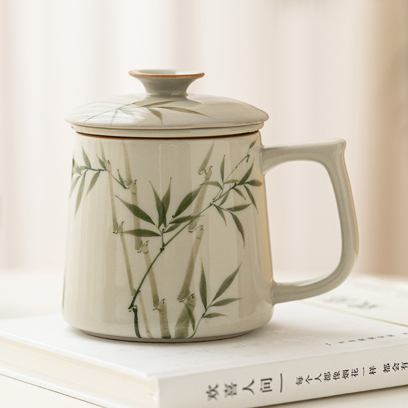 Cốc văn phòng bằng tre xanh ngọc bích vẽ tay cốc trà cốc nước gốm sứ cốc tinh tế cao cấp cốc lọc trà có nắp