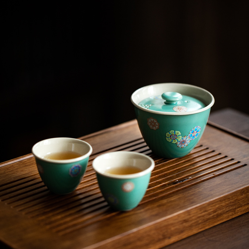 Bộ trà du lịch màu xanh ngọc lam kiểu Nhật Bộ trà Kung Fu một bình hai cốc gốm sứ bộ nhỏ dụng cụ pha trà cầm tay ngoài trời
