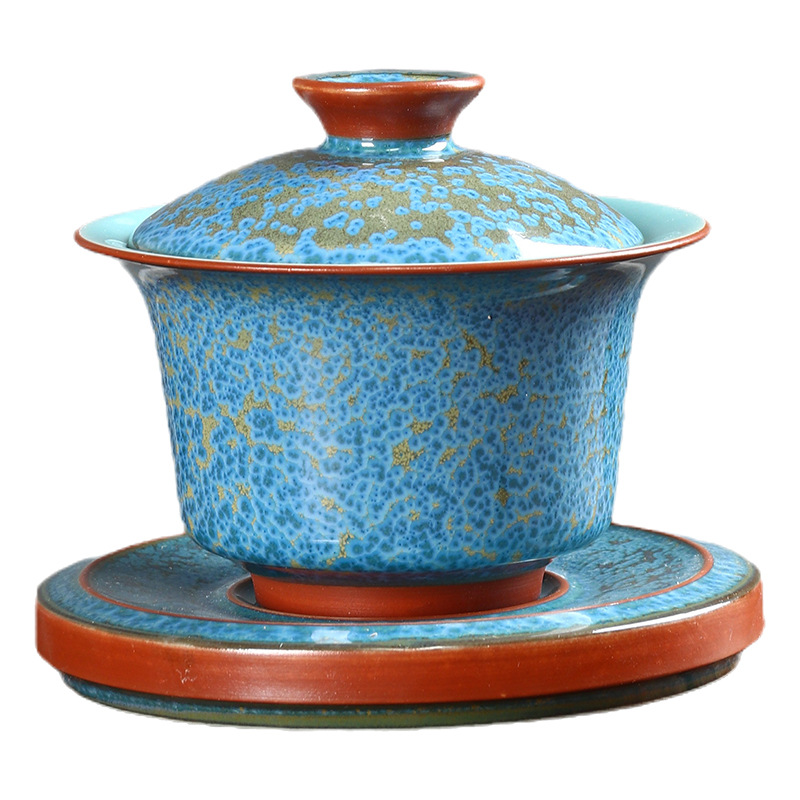 Bát có nắp sứ Jun biến lò nung nổi ngọc xanh lam dụng cụ pha trà gốm sứ tam tài bát trà cao cấp làm bằng tay bát có nắp cỡ lớn bán buôn