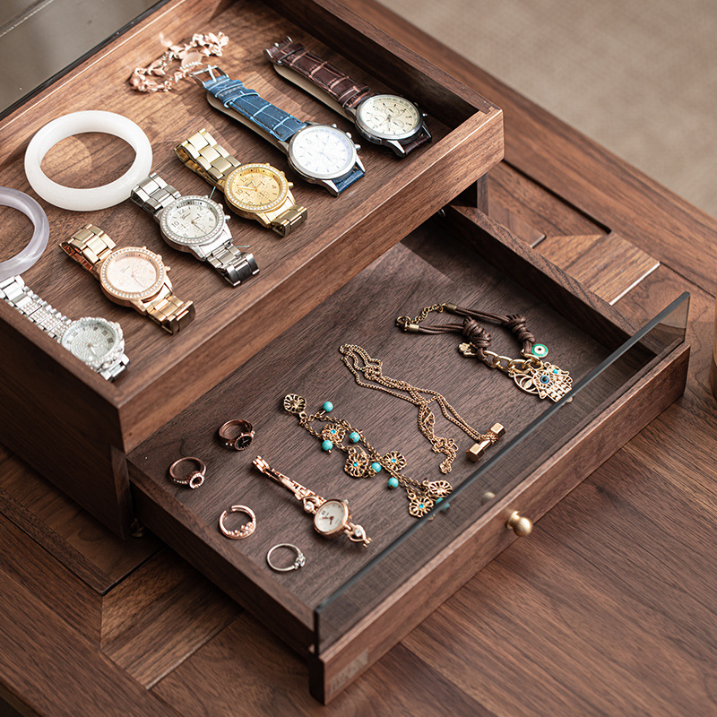 Hộp trang sức thủy tinh dung tích lớn sang trọng màu đen có gương vòng cổ retro vòng tay hộp lưu trữ bông tai trang sức