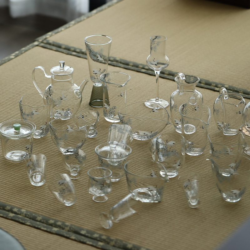 Decal thủ công Songhe thủy tinh borosilicate Bộ trà Kung Fu Cốc công bằng Cốc trà xanh Ấm pha trà xanh Hai bát có nắp