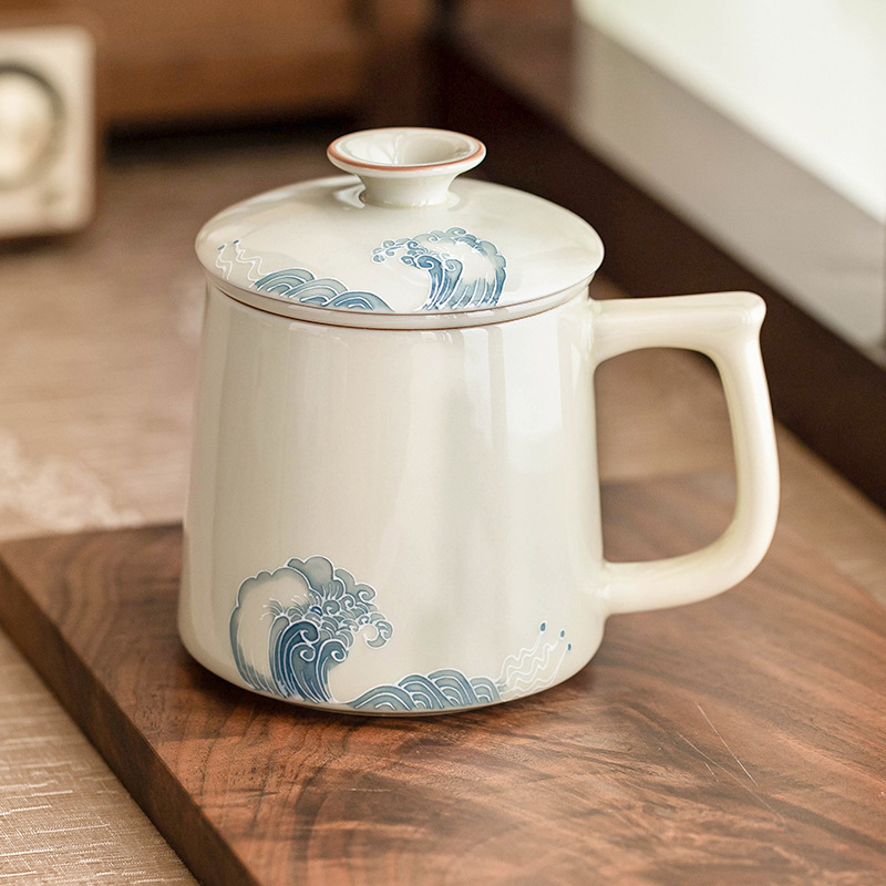 Cốc nước chạm khắc sóng biển vẽ tay cốc gốm sứ gia dụng có nắp cốc trà tách trà lớn cốc văn phòng cốc nước