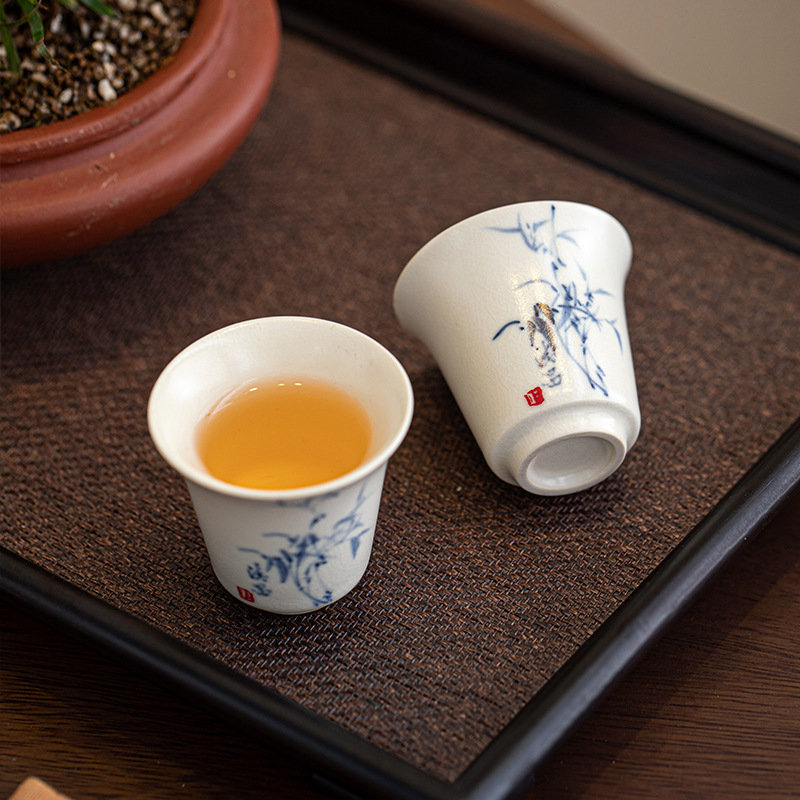 Cốc trà lá tre vẽ tay tráng men soda cốc trà gốm sứ thủ công bộ trà kungfu gia dụng cốc đơn tách trà cá nhân