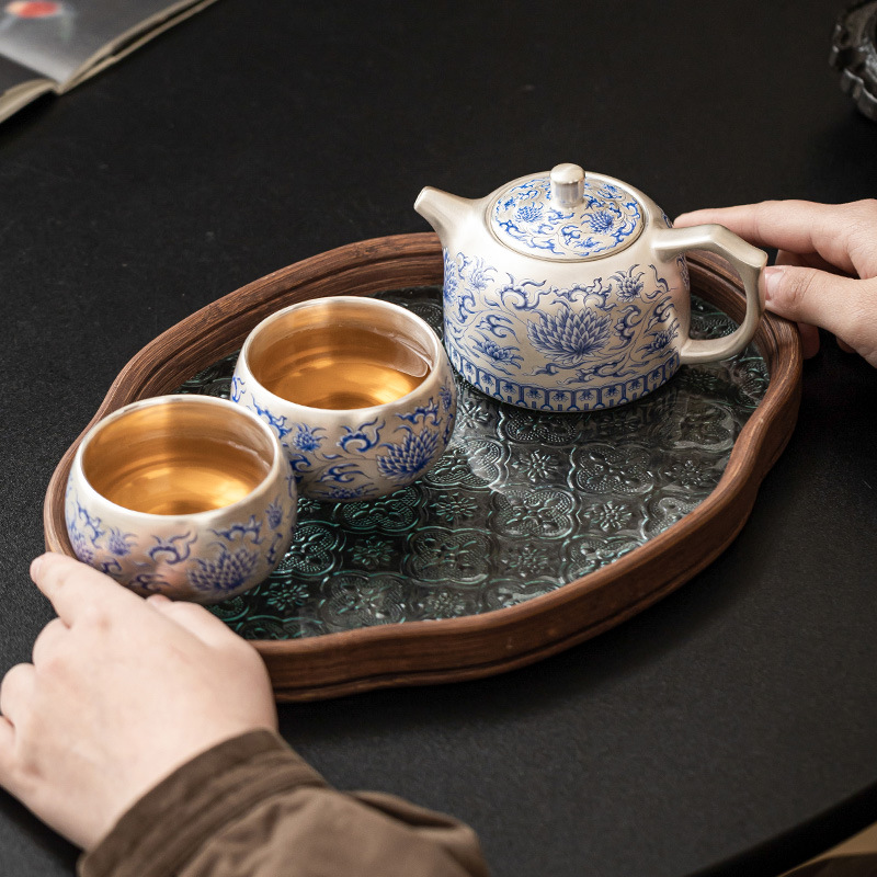 Bộ ấm trà Kung Fu cao cấp mạ bạc 999 bộ ấm trà hoa sen sinh mẫu mới 2025 một ấm hai cốc