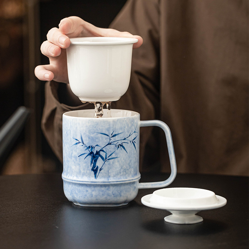 Vẽ tay nhuộm mực trà phong lan trà tre tách nắp treo cốc nước văn phòng cốc nước thanh lịch có nắp cốc pha trà kiểu Trung Quốc