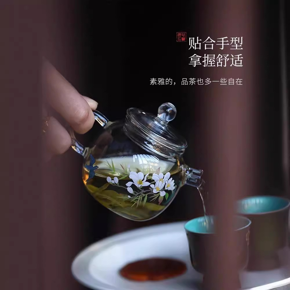 Ấm Trà chống bỏng thủy tinh dày trà xanh tay cầm bên hông dụng cụ pha trà dung tích nhỏ có lọc Tay cầm dụng cụ pha trà cao cấp Quà Tặng