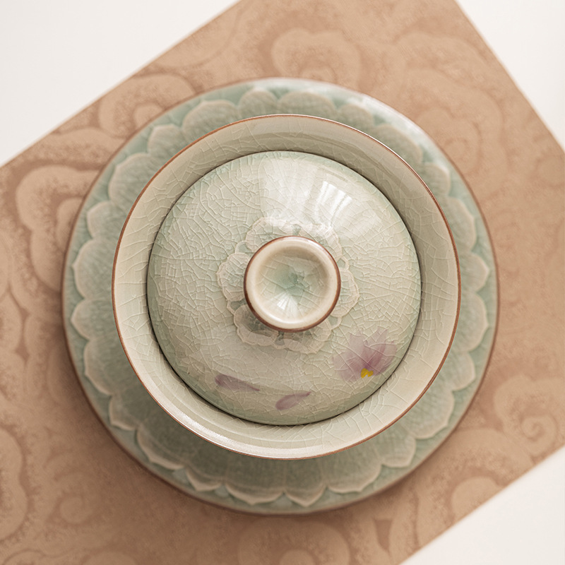 Men Borneol tinh khiết vẽ tay bát có nắp Ba tài năng Bộ trà Kung Fu tách trà gốm sứ mở Bát trà không nóng tay dụng cụ pha trà gia dụng