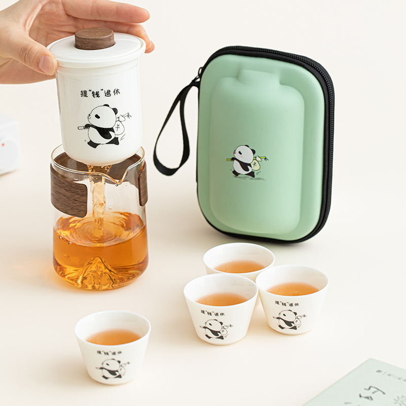 Bộ ấm trà du lịch bằng thủy tinh gấu trúc, ấm trà di động, cốc khách nhanh chuyên dụng cá nhân kiểu mới 2024, cốc uống trà