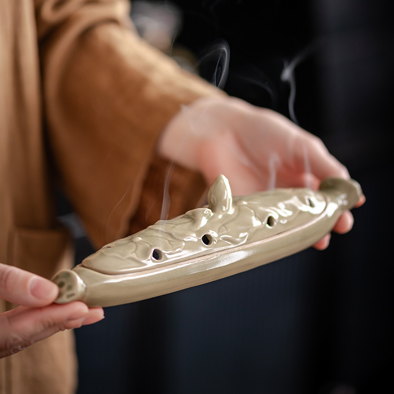 Hộp Hương Lá Sen dây Lư hương gốm sứ gia dụng Hộp xông hương nằm trong Nhà Phụ kiện trang trí để bàn sáng tạo kiểu Trung Quốc