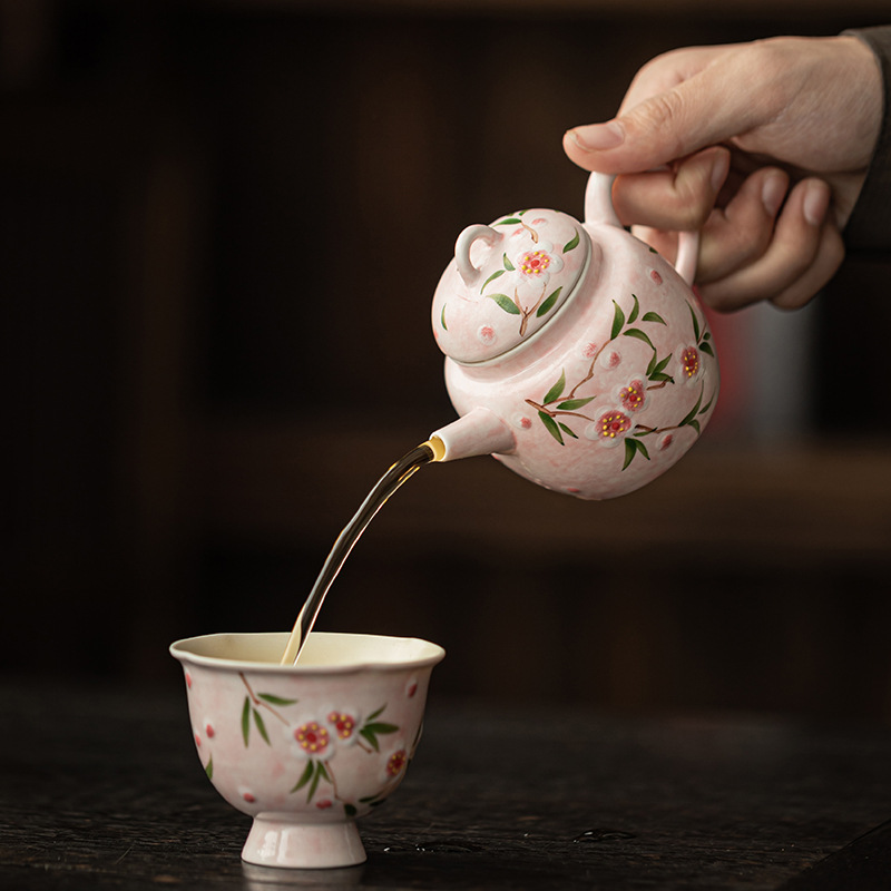 Bộ ấm chén trà Kung Fu gốm sứ nhỏ họa tiết hoa đào vẽ tay, hộp quà tặng