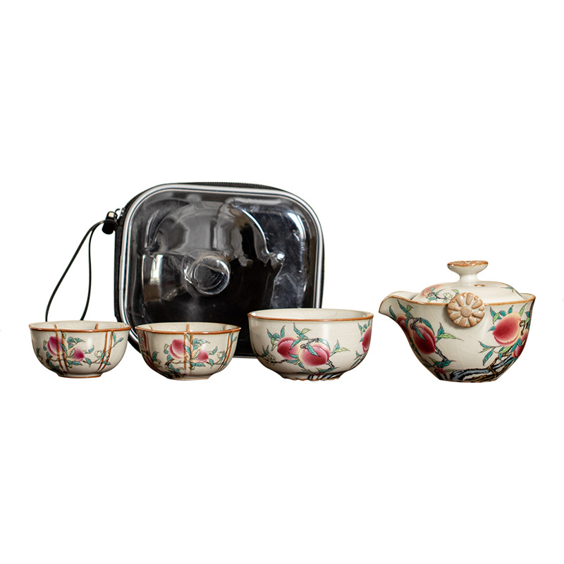 Bộ trà du lịch Song Ru Kiln Shou Tao Một ấm ba cốc cầm tay cốc nhanh Bộ trà di động ngoài trời
