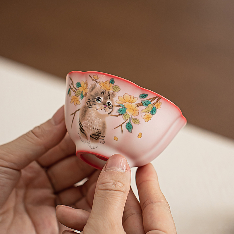 Mỡ lợn đông lạnh hoa vàng cốc cánh hoa mèo cốc chủ nhân cốc trà gốm sứ đơn cốc công phu Bộ trà cốc trà nhỏ hộp quà chén trà