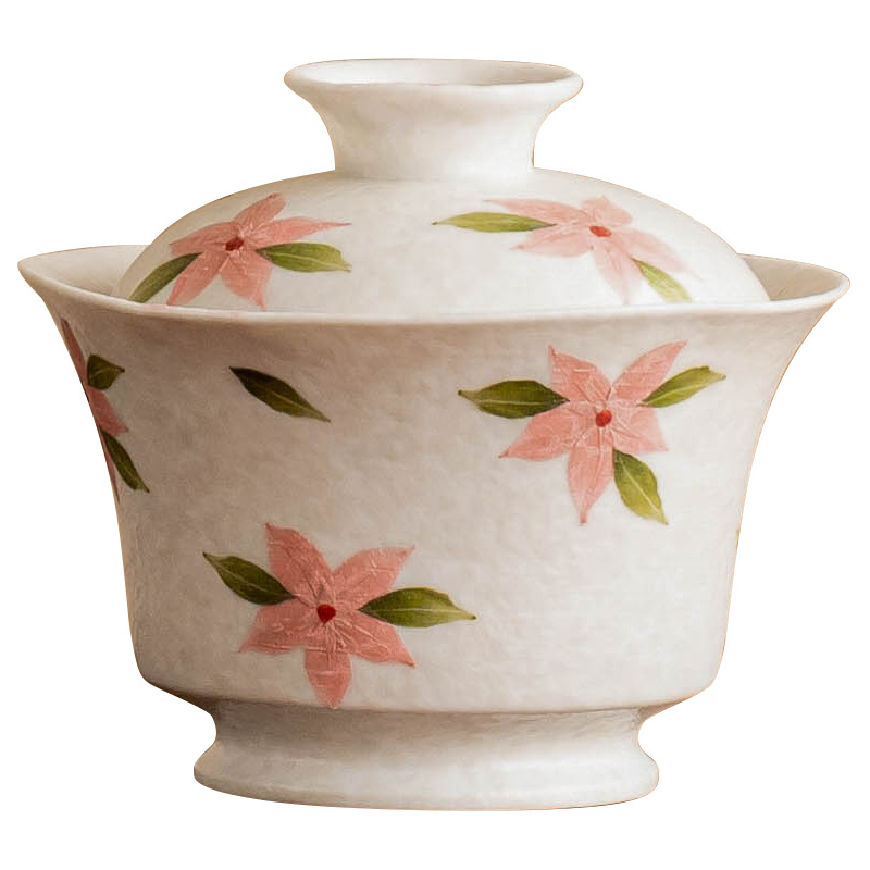 Đá mỏ vẽ tay, hoa anh đào trắng, bát có nắp, cốc trà gốm có nắp, bát pha trà gia dụng đơn, bộ trà Kung Fu cao cấp