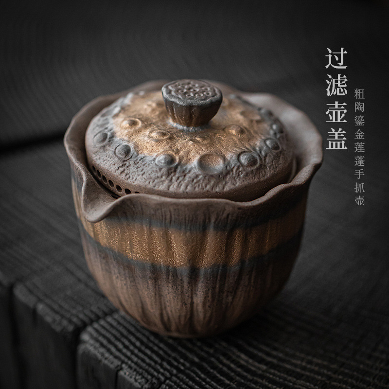Bán buôn ấm cầm tay hoa sen mạ vàng gốm thô ấm pha trà Thiền gia dụng cổ điển thủ công có bộ lọc Bát Trà chống bỏng