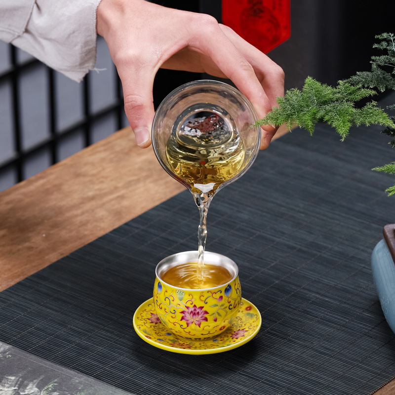 Cốc trà bạc nguyên chất 999 cốc trà men bạc mạ bạc cốc chủ sở hữu cốc đơn bộ trà Kung Fu bộ hộp quà doanh nghiệp