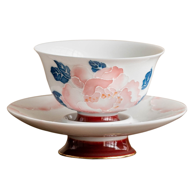 Cốc trà gốm sứ cốc chủ nhân vẽ tay hoa mẫu đơn Chaoyan cốc và đĩa bộ dụng cụ trà Kung Fu gia dụng cốc trà