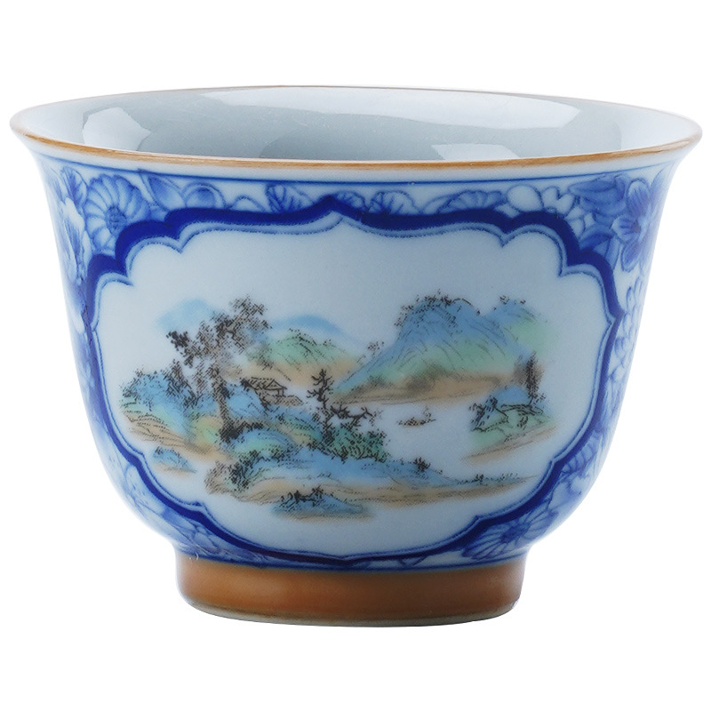 Cốc trà phong cảnh cửa sổ mở màu xanh và trắng, bộ trà Kung Fu chuyên dụng cá nhân cao cấp, cốc trà gốm sứ, cốc uống trà, cốc đơn