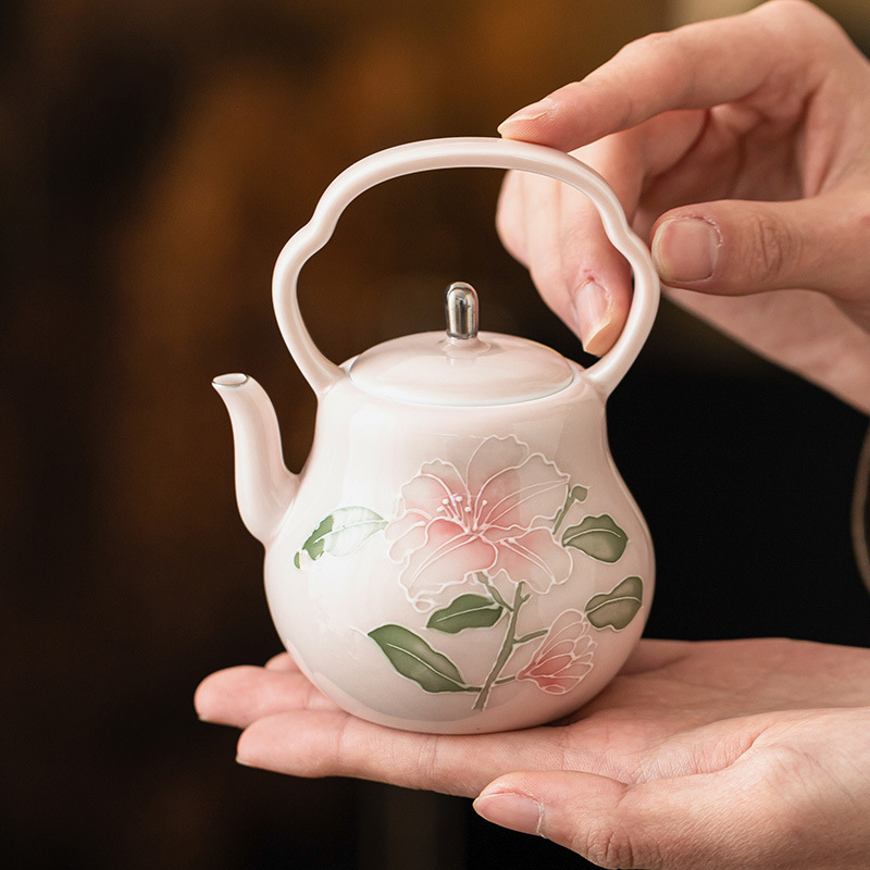Chậu cầm xà chạm khắc hoa huệ hồng vẽ tay ấm trà gốm sứ vẽ tay gia dụng ấm trà đơn bộ trà cao cấp có lọc ấm pha trà