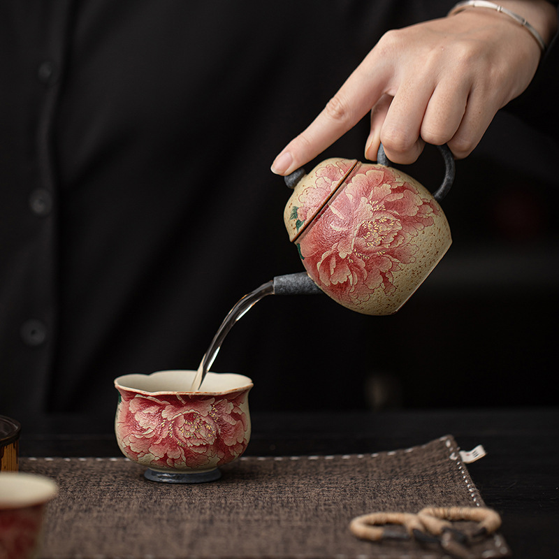 Bộ ấm chén trà đen đá lửa xanh trắng dùng trong nhà, kiểu cổ điển một ấm ba chén Kung Fu, quà lưu niệm tặng người lớn tuổi và khách hàng