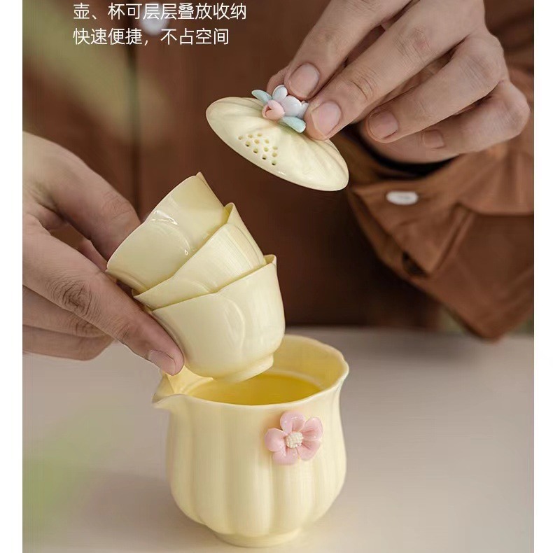 Bộ ấm chén sứ nhanh, đá quý vàng, 1 ấm 3 chén, làm bằng tay, họa tiết hoa văn, bộ du lịch nhỏ gọn, tiện mang theo ngoài trời, túi xách vàng
