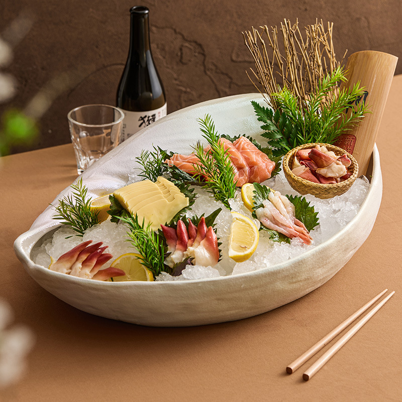 Đĩa đá gốm, đĩa cá hồi, đĩa sashimi, bộ đồ ăn nhà hàng khách sạn cao cấp, đĩa tự chọn hải sản