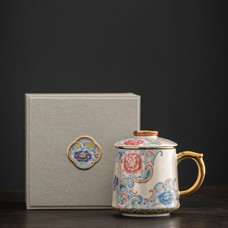 Cốc pha trà men bạc cloisonné cao cấp cốc pha trà gốm sứ chuyên dụng cá nhân tách trà có nắp lọc cốc văn phòng