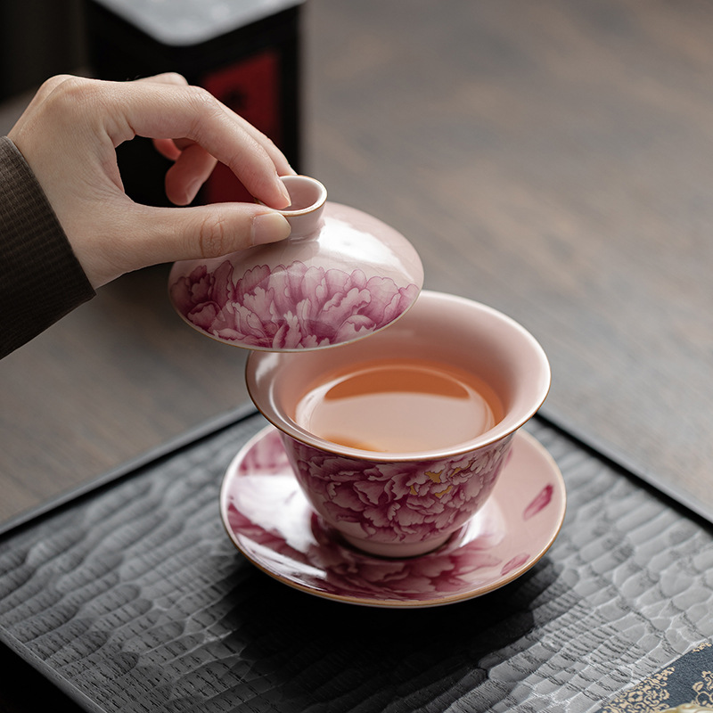 Bát có nắp tam tài hoa mẫu đơn lò Ru màu hồng, bộ trà Kung Fu chuyên dụng cho nữ, bát pha trà, gốm sứ gia dụng, bát trà Trung Quốc