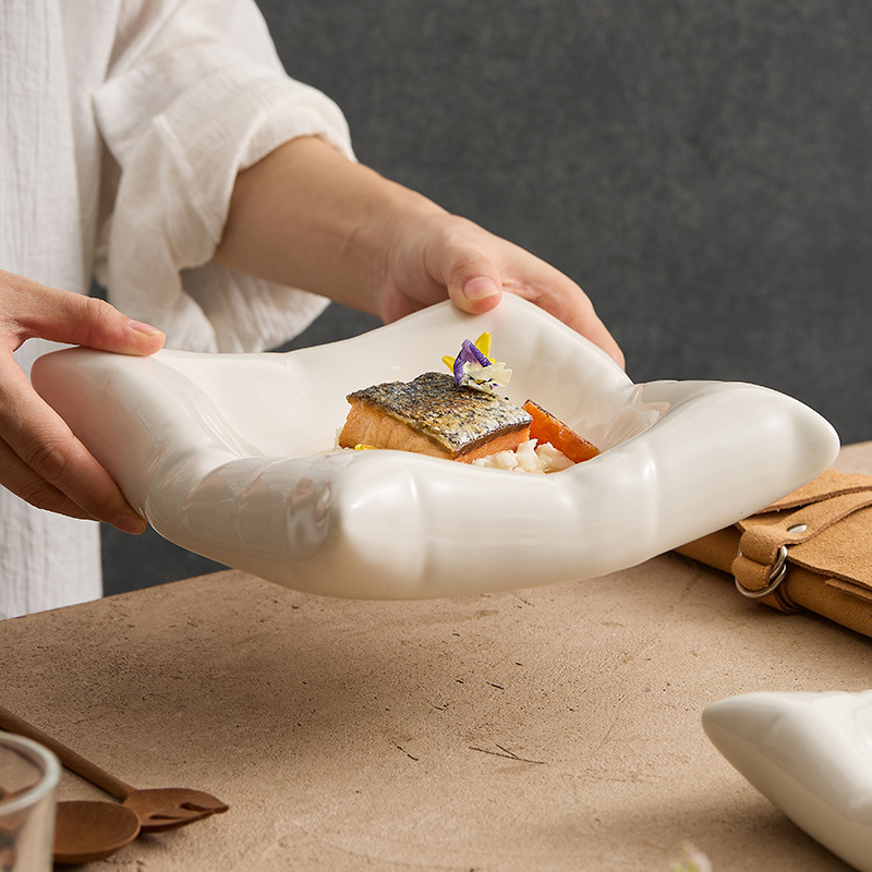 Đĩa gốm sứ Dehua, đĩa gia dụng, bộ đồ ăn nhà hàng khách sạn sáng tạo, đĩa vuông đặc trưng, đĩa chấm điểm, đĩa tráng miệng