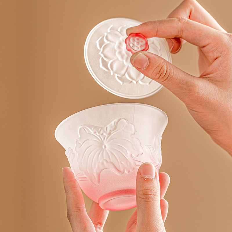 Bát tam tài hoa sen Gradient Bát trà gia dụng cao cấp thủy tinh có nắp cho nữ Bộ trà Kung Fu giá trị cao bát pha trà