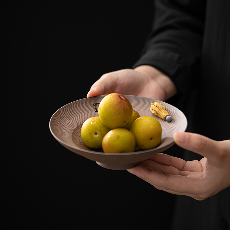 Ấm đất sét đá nhào bằng tay, khay xốp khô chứa nước hình tròn bằng gốm thô kiểu Nhật, khay đựng ấm, dụng cụ trà Kung Fu, khay đựng trái cây trà đạo