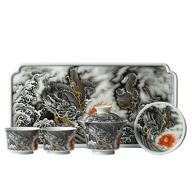 Jingdezhen Ink Color Xianglong Ercai Bát cốc trà gốm sứ Bộ trà Bát pha trà hoa văn rồng cao cấp Bộ trà Kung Fu