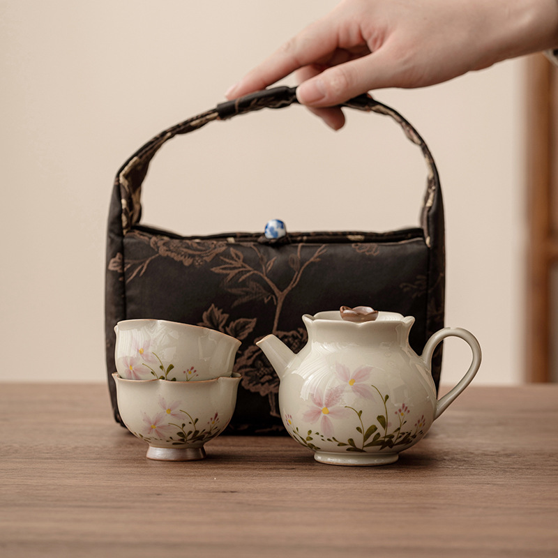 Bộ trà Kung Fu gốm sứ xám hoa cúc nhỏ gia dụng bộ trà du lịch xách tay ngoài trời một bình hai cốc