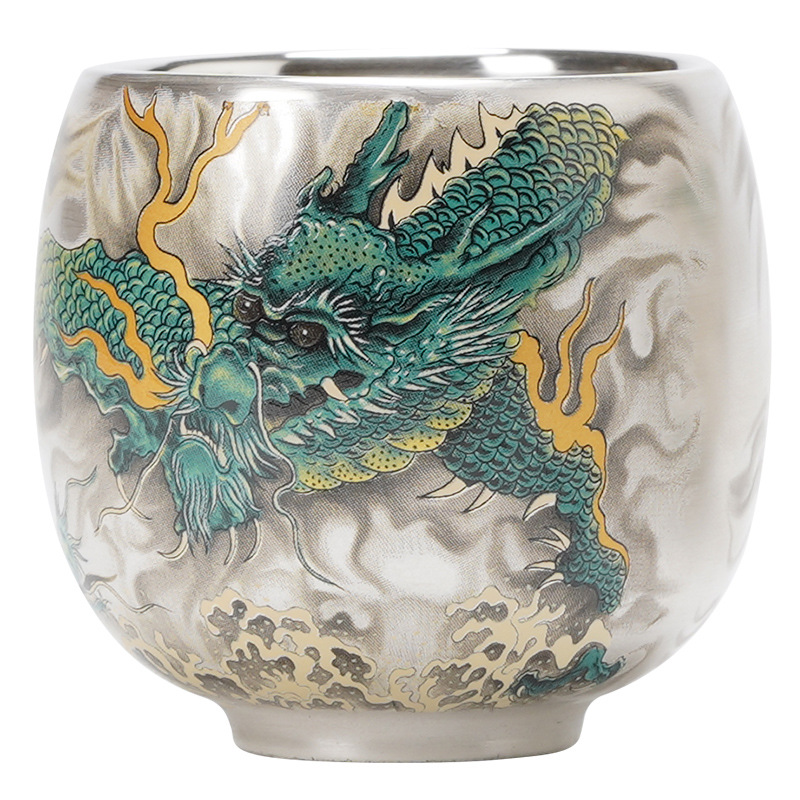 Cốc uống trà rồng xanh mạ bạc cốc trà cao cấp tinh tế cốc cá nhân gia dụng cốc Chủ Bộ trà Trung Quốc cốc đơn hộp quà