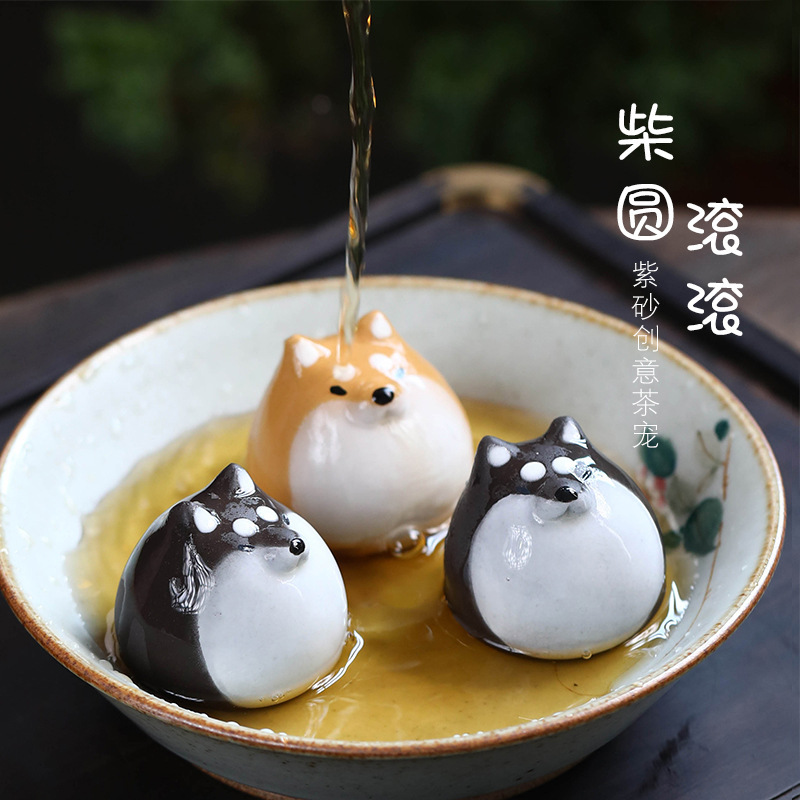 Đồ trang trí thú cưng trà cát tím quặng thô Yixing Shiba Inu làm bằng tay trà trứng chó con chơi Akita Inu bàn trà bùn Phụ Kiện Bộ trà