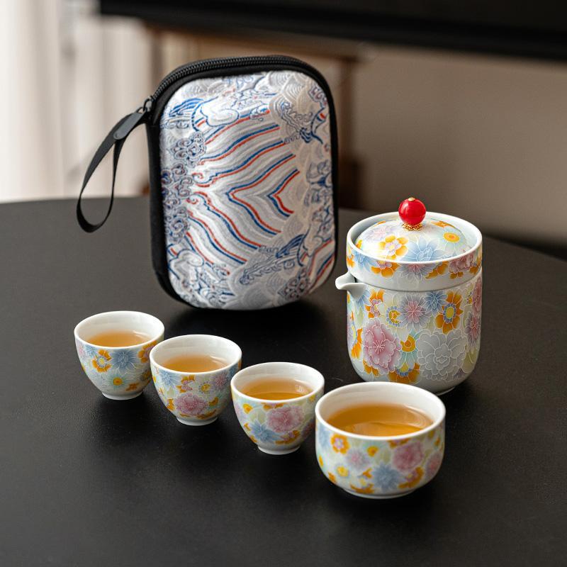 Bộ ấm trà du lịch vạn hoa tráng men cổ cốc trà cốc trà một ấm bốn cốc cốc cốc khách di động ngoài trời