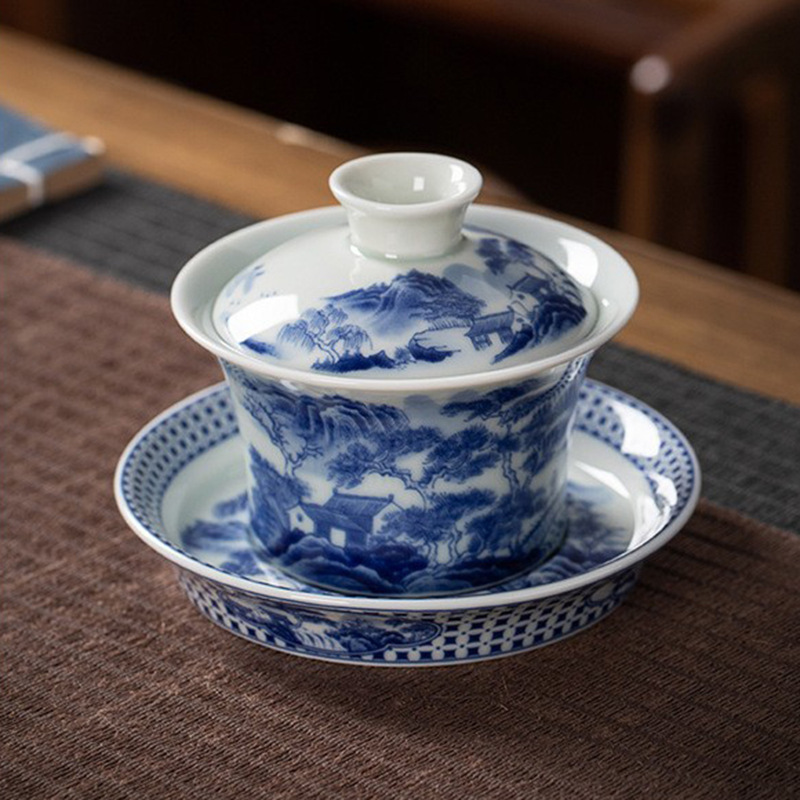 Jingdezhen Sancai Bát có nắp Cốc trà Đơn cao cấp Thousand Miles Giang Sơn gốm sứ màu xanh và trắng Bát sứ Đồ pha trà Kung Fu gia dụng