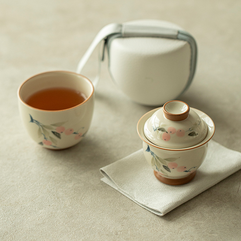 Bộ ấm trà cầm tay Chupu hồng Ruyi nhanh chóng ngoài trời Bộ ấm trà di động với gốm tro cỏ dành cho một người uống làm quà lưu niệm